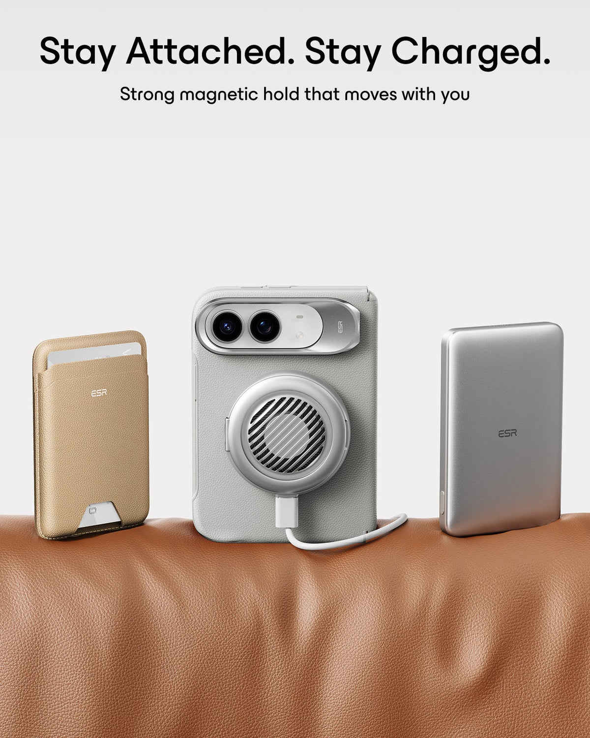 Light Gray Vegan Leather iPhone Duo Magsafe Case with Stand Stay Attached. Stay Charged.