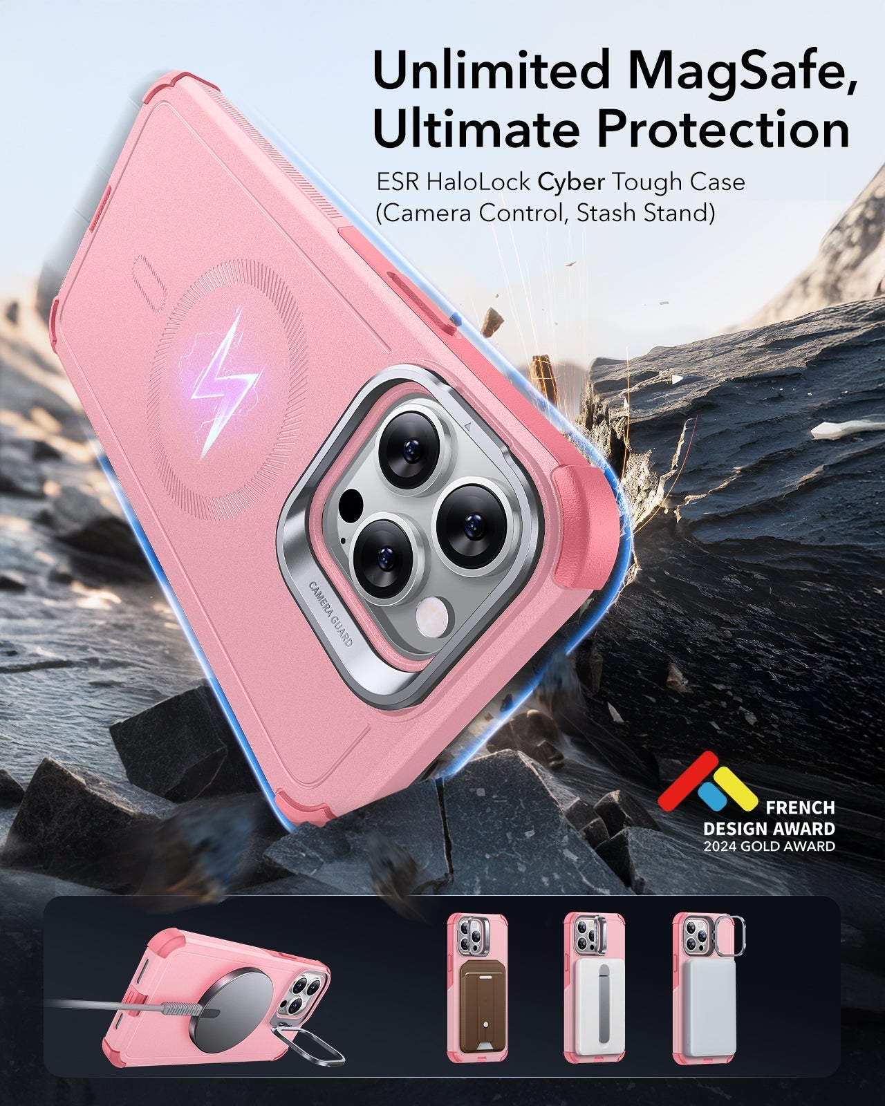 iPhone 13 Pro Max Cyber Tough Magnetic Case (Stash Stand) - Pink ESR ESR