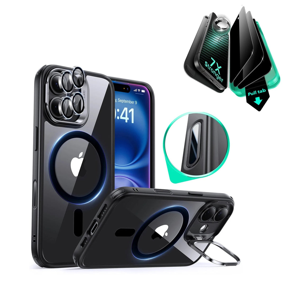 iPhone 16 Classic Hybrid Magnetic Case (Camera Control, Stash Stand) & Privacy Screen Protector Bundle - Clear Black ESR ESR