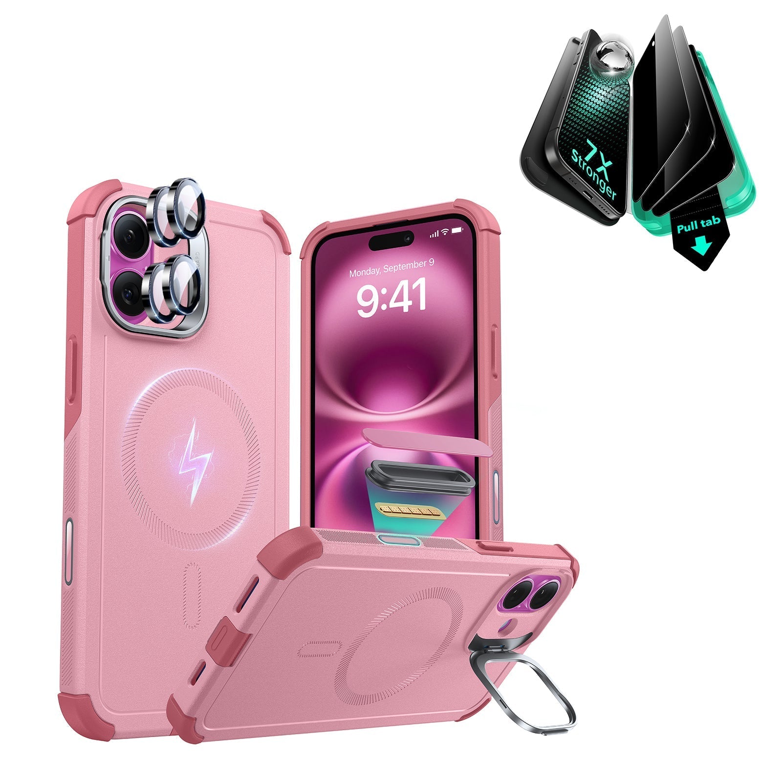 iPhone 16 Cyber Tough Magnetic Case Privacy Protection Bundle (Camera Control, Stash Stand) - Pink ESR ESR