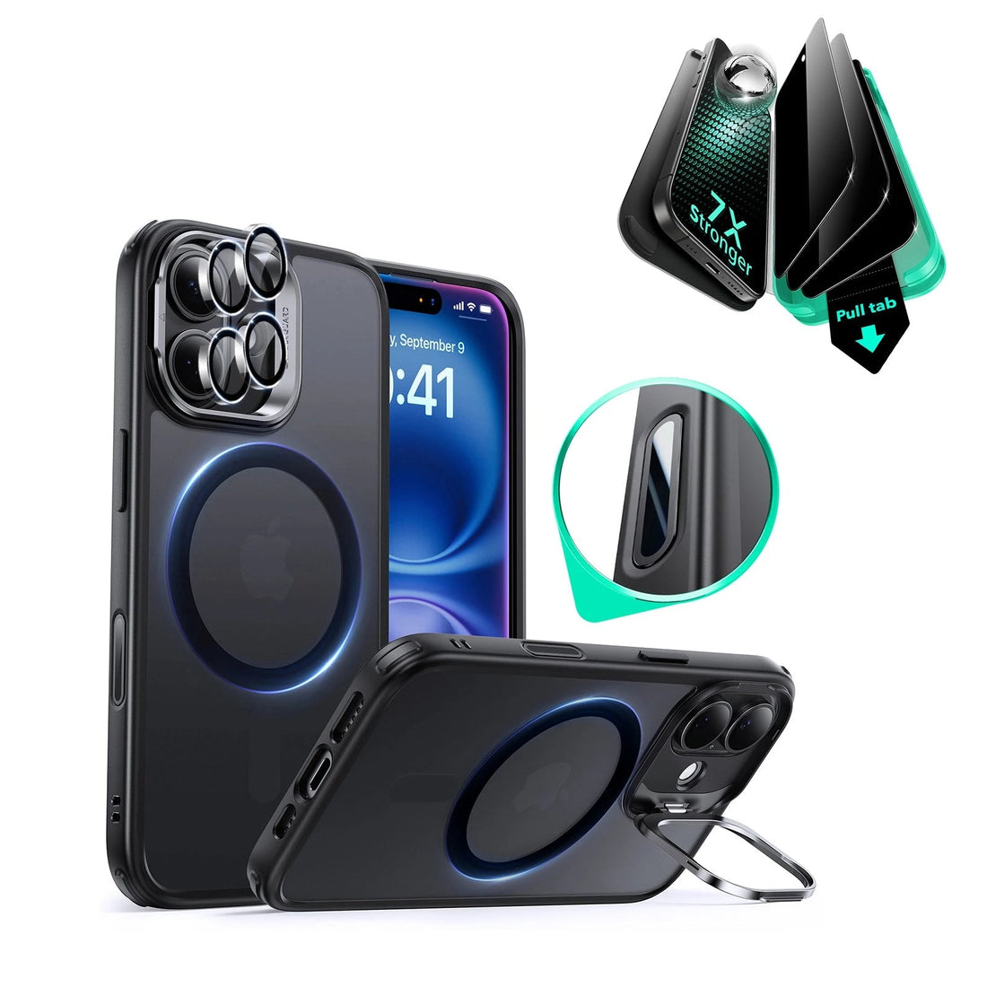 iPhone 16 Plus Classic Hybrid Magnetic Case (Camera Control, Stash Stand) & Privacy Screen Protector Bundle - Frosted Black ESR ESR