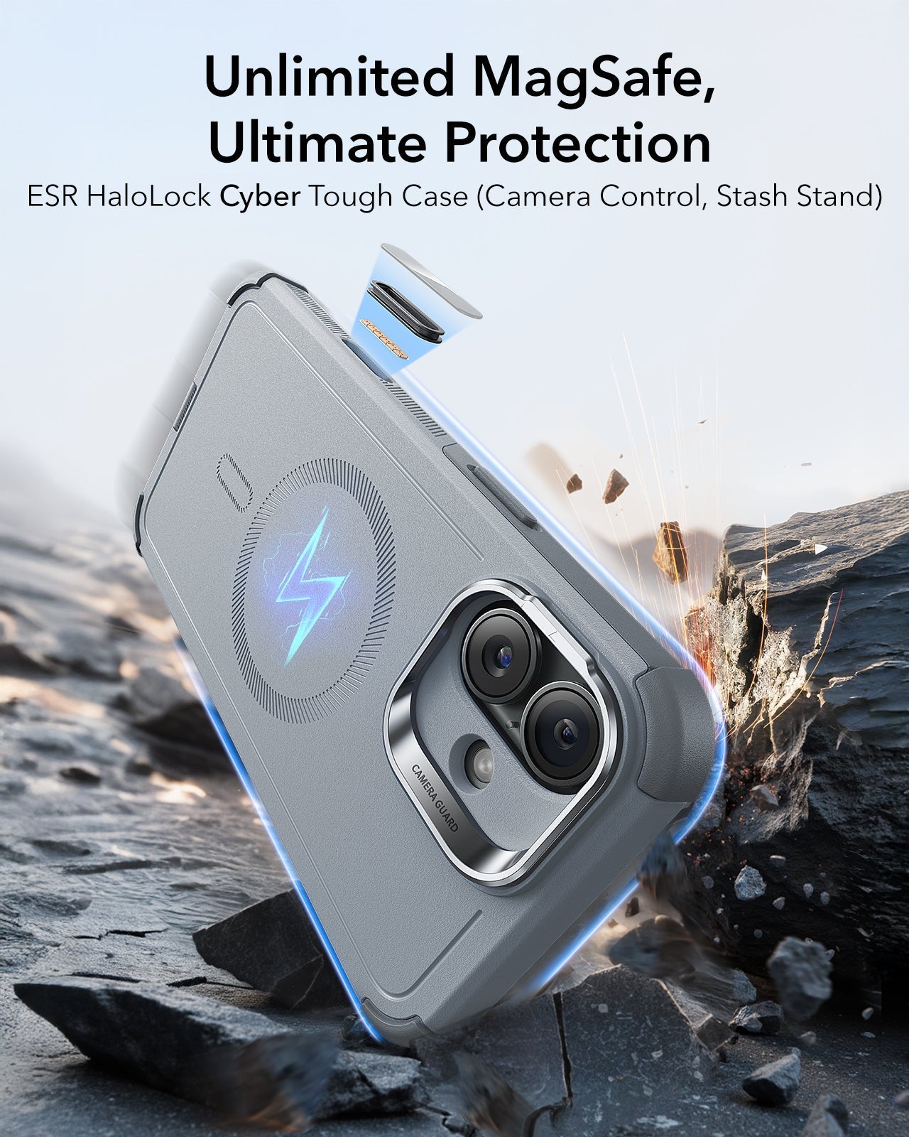 iPhone 16 Plus Cyber Tough Magnetic Case (Camera Control, Stash Stand) - Light Grey ESR ESR