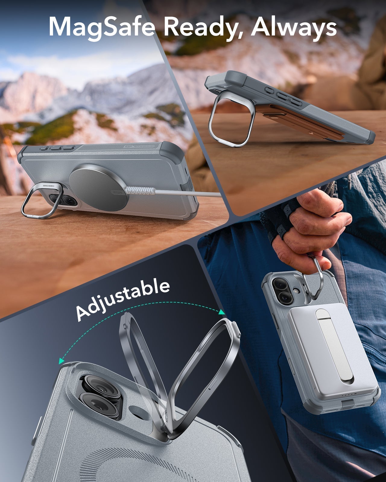 iPhone 16 Plus Cyber Tough Magnetic Case (Camera Control, Stash Stand) - Light Grey ESR ESR