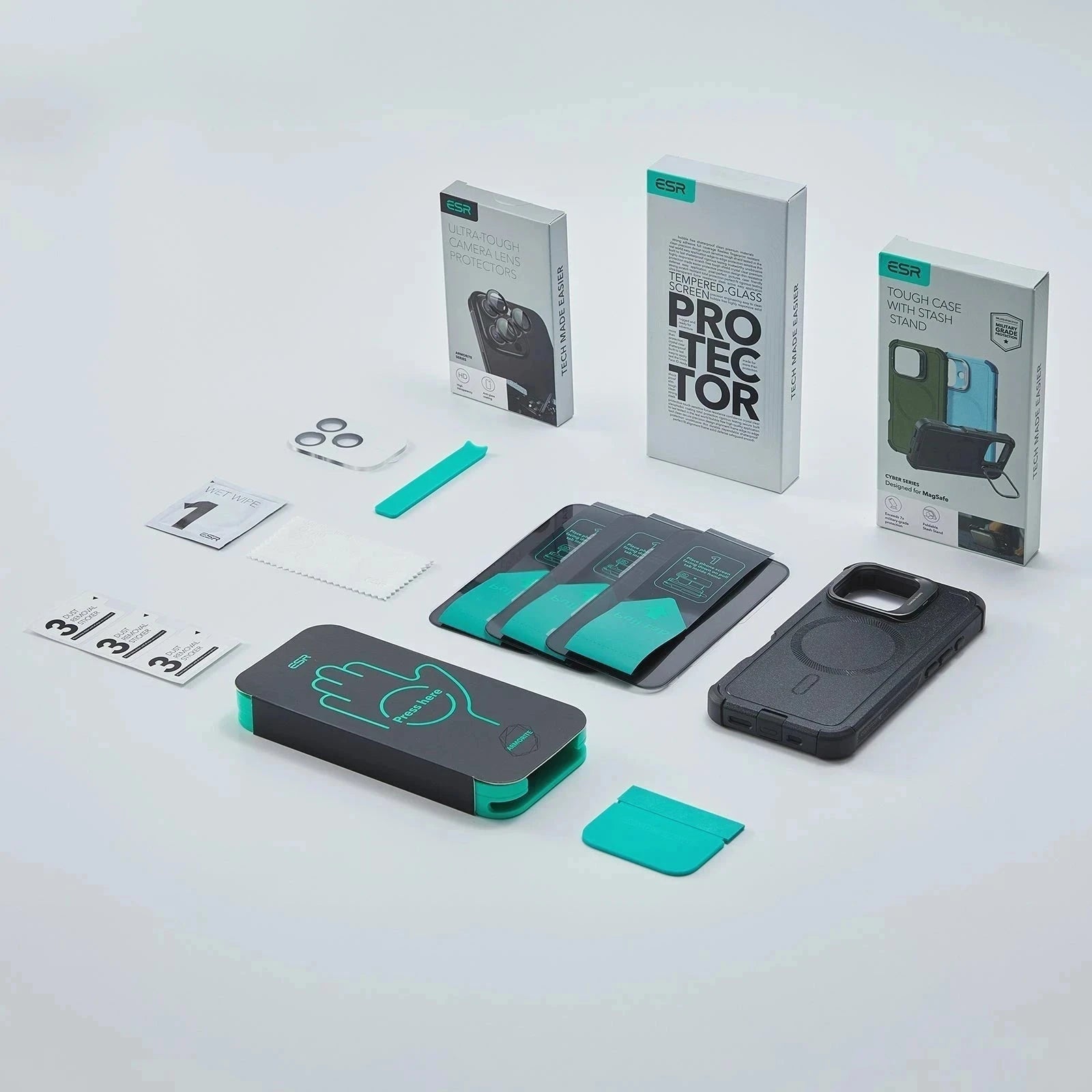 iPhone 16 Plus Cyber Tough Magnetic Case Privacy Protection Bundle (Camera Control, Stash Stand) - Black ESR ESR