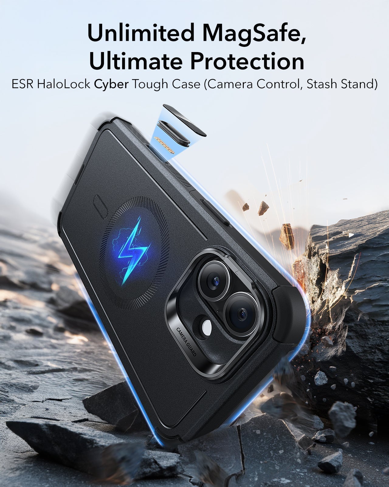 iPhone 16 Plus Cyber Tough Magnetic Case Privacy Protection Bundle (Camera Control, Stash Stand) - Black ESR ESR