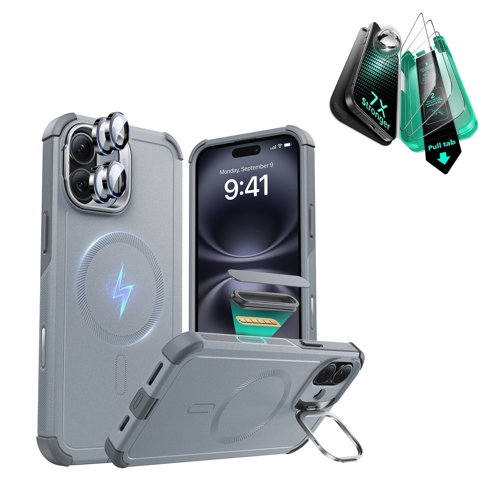 iPhone 16 Cyber Tough Magnetic Case Protection Bundle (Camera Control, Stash Stand) - Light Grey ESR ESR