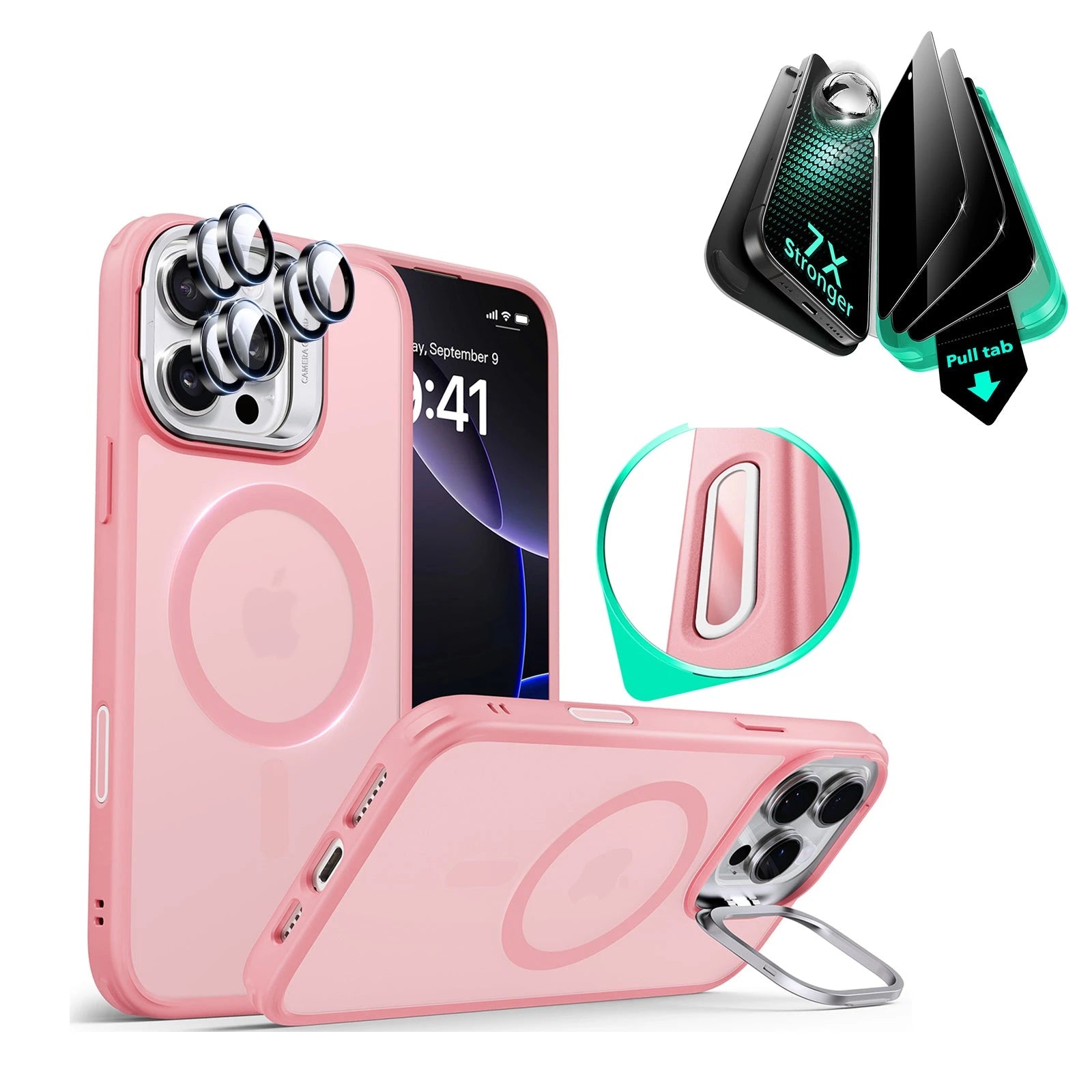 iPhone 16 Pro Max Classic Hybrid Magnetic Case (Camera Control, Stash Stand) & Privacy Screen Protector Bundle - Frosted Pink ESR ESR