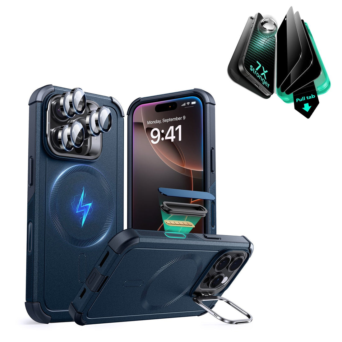 iPhone 16 Pro Cyber Tough Magnetic Case Privacy Protection Bundle (Camera Control, Stash Stand) - Navy Blue ESR ESR