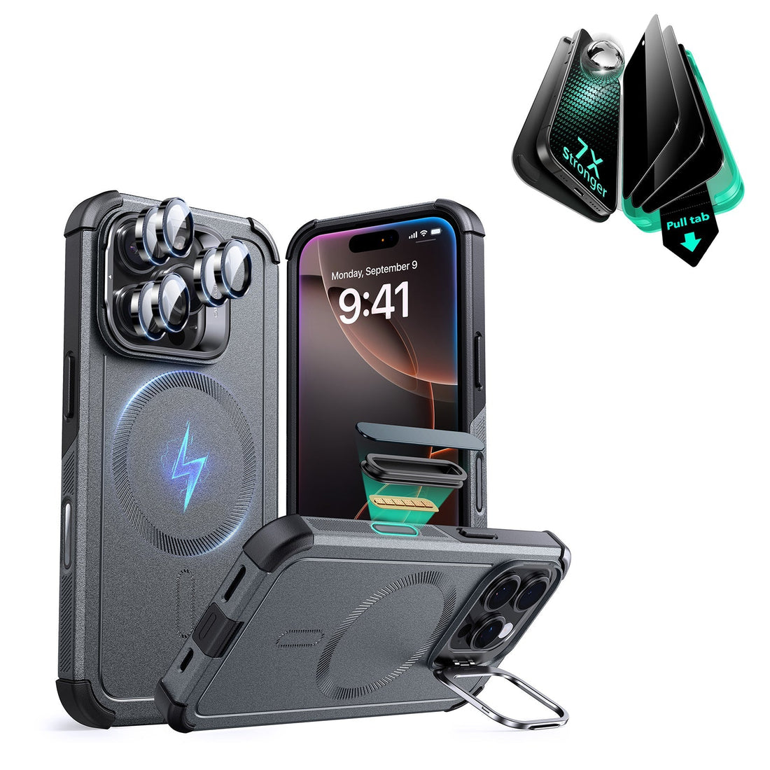iPhone 16 Pro Max Cyber Tough Magnetic Case Privacy Protection Bundle (Camera Control, Stash Stand) - Grey ESR ESR
