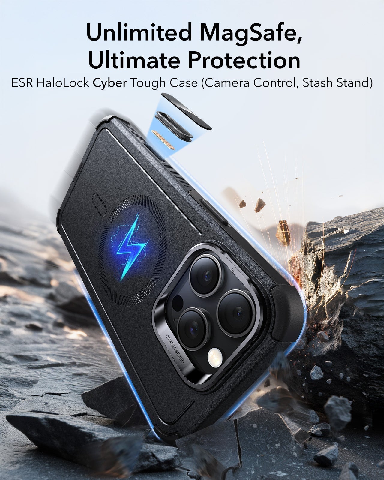 iPhone 16 Pro Max Cyber Tough Magnetic Case Privacy Protection Bundle (Camera Control, Stash Stand) - Black ESR ESR