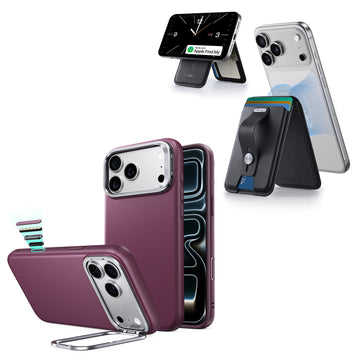 iPhone 18 Pro Atelier Vegan Leather Magnetic Case with Camera Control and Flex Stand, Plus Geo Wallet Stand Bundle - Burgundy