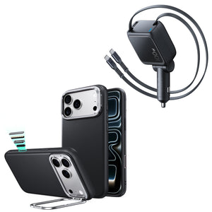 iPhone 18 Pro Atelier Vegan Leather Magnetic Case with Camera Control and Flex Stand, Plus Xtend 100W Retractable Car Charger Bundle - Black