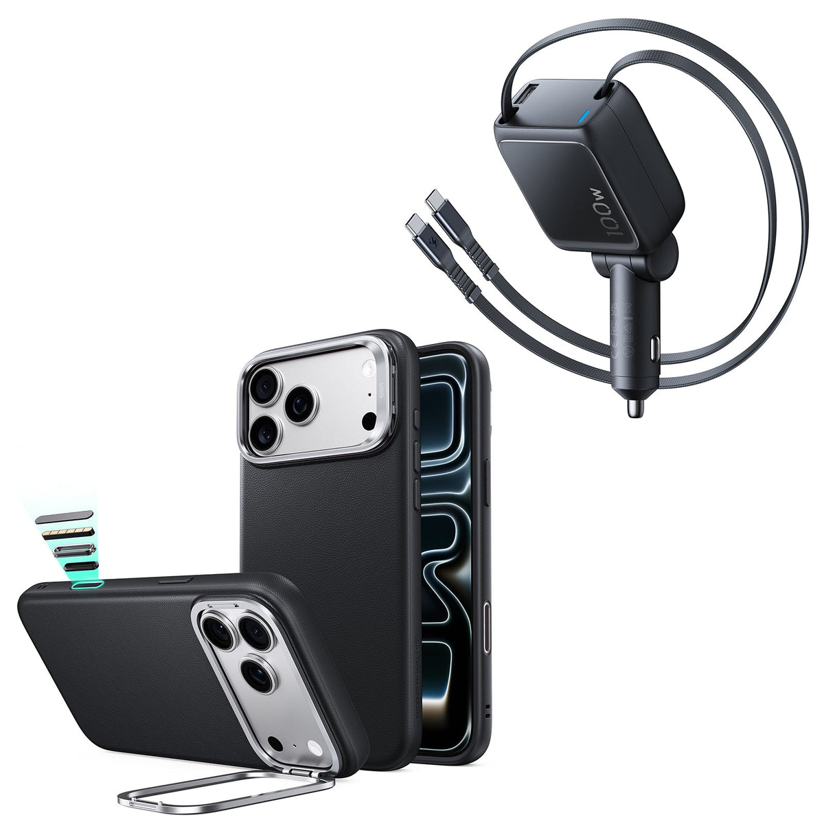 iPhone 18 Pro Atelier Vegan Leather Magnetic Case with Camera Control and Flex Stand, Plus Xtend 100W Retractable Car Charger Bundle - Black