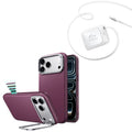 iPhone 18 Pro Atelier Vegan Leather Magnetic Case with Camera Control and Flex Stand, Plus Xtend 45W Retractable Charger Bundle - Deep Burgundy