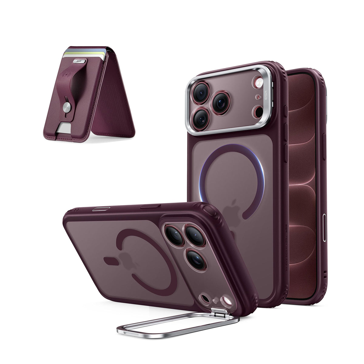 iPhone 18 Pro Classic Hybrid Magnetic Case with Camera Control and Flex Stand, Plus Geo Wallet Stand Bundle - Burgundy