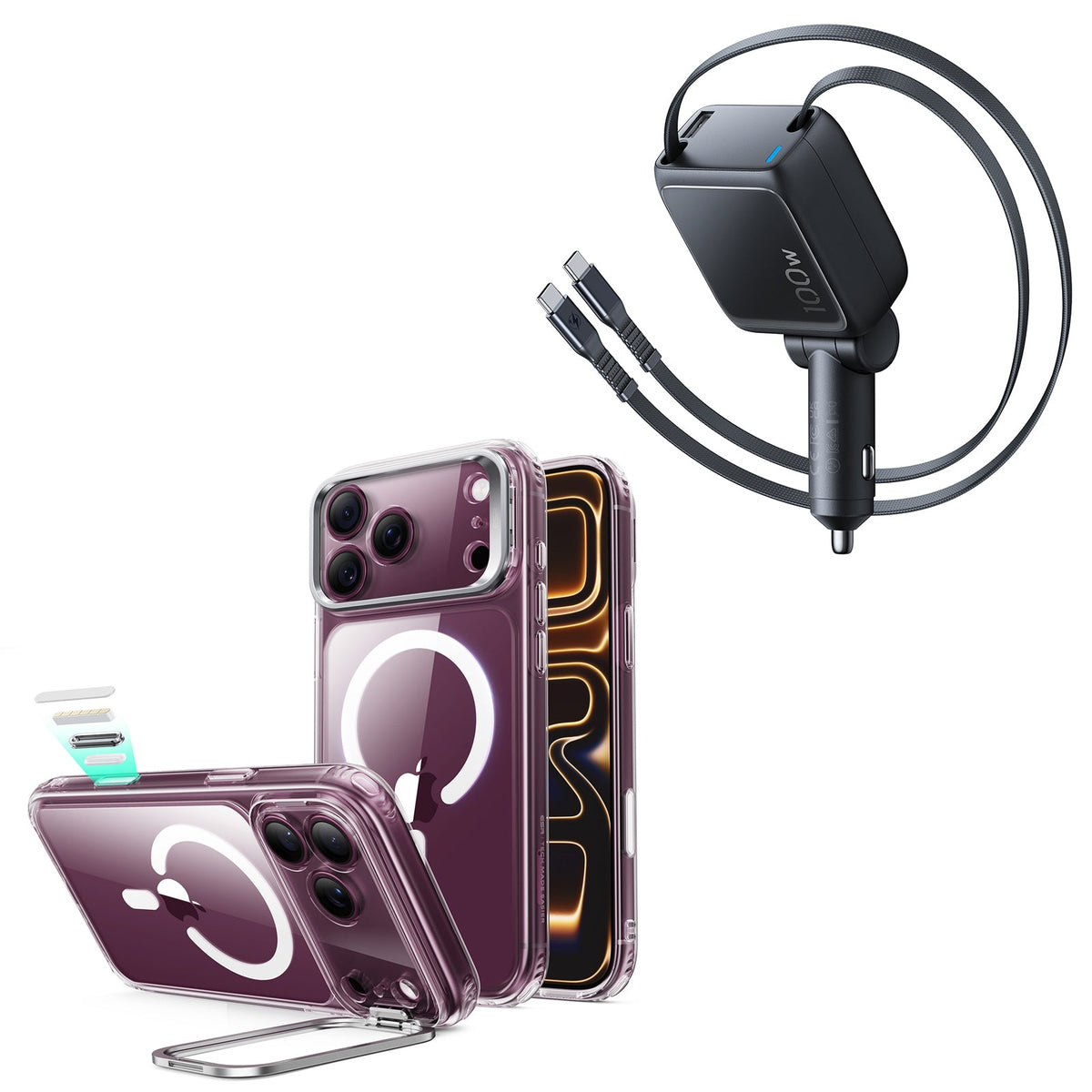 iPhone 18 Pro Classic Hybrid Magnetic Case with Camera Control and Flex Stand, Plus Xtend 100W Retractable Car Charger Bundle - Clear