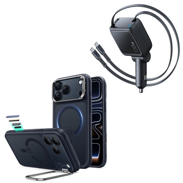 iPhone 18 Pro Classic Hybrid Magnetic Case with Camera Control and Flex Stand, Plus Xtend 100W Retractable Car Charger Bundle - Frosted Blue