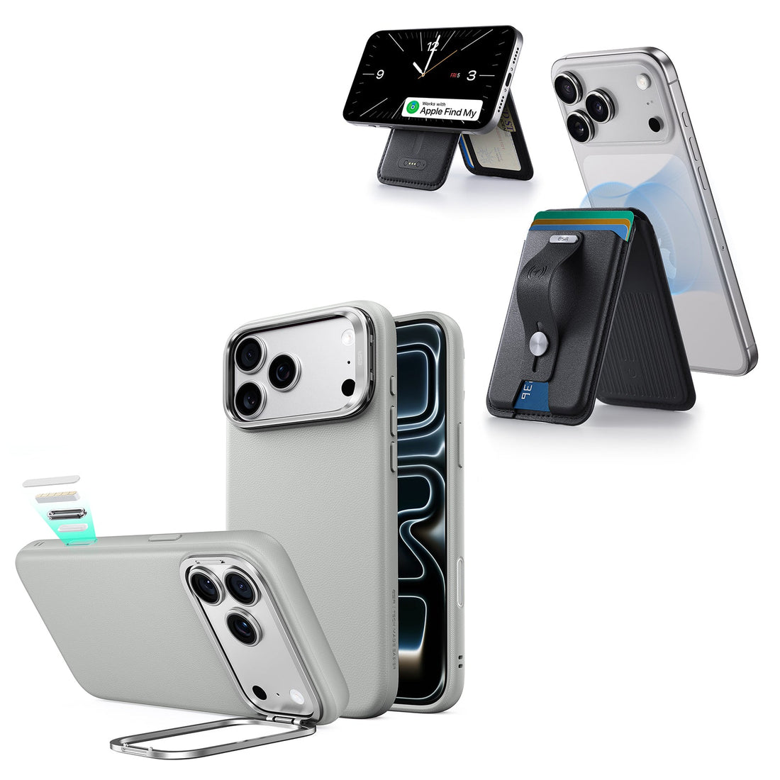 iPhone 18 Pro Max Atelier Vegan Leather Magnetic Case with Camera Control and Flex Stand, Plus Geo Wallet Stand Bundle - Gray
