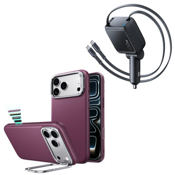 iPhone 18 Pro Max Atelier Vegan Leather Magnetic Case with Camera Control and Flex Stand, Plus Xtend 100W Retractable Car Charger Bundle - Deep Burgundy