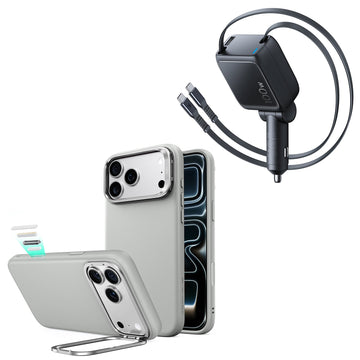 iPhone 18 Pro Max Atelier Vegan Leather Magnetic Case with Camera Control and Flex Stand, Plus Xtend 100W Retractable Car Charger Bundle - Gray