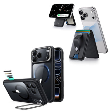 iPhone 18 Pro Max Classic Hybrid Magnetic Case with Camera Control and Flex Stand, Plus Geo Wallet Stand Bundle - Clear Black