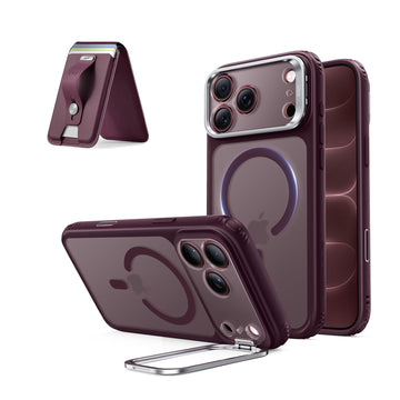 iPhone 18 Pro Max Classic Hybrid Magnetic Case with Camera Control and Flex Stand, Plus Geo Wallet Stand Bundle - Frosted Deep Burgundy