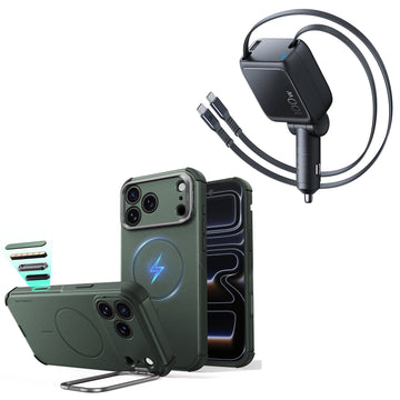 iPhone 18 Pro Max Cyber Tough Magnetic Case with Camera Control and Flex Stand, Plus Xtend 100W Retractable Car Charger Bundle - Olive Green